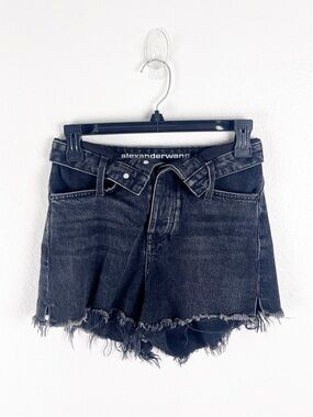 ALEXANDER WANG Black Denim Fray Fold Down Button Front Cut-Off Jean Shorts 25